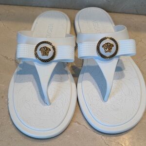 Versace White Sandals with Gold Medusa Detail